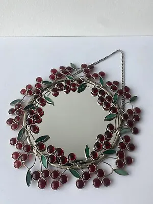 Buy Vintage Leaded Stained Glass Sun Catcher Mirror Berries Cherries Red Holiday • 46.99£
