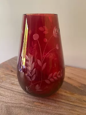 Buy Vintage Cranberry Ruby Red Vase Cut To Clear Etch Elegant 21.5cm Tall • 25£