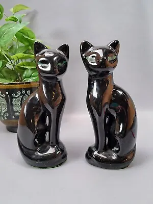 Buy Vintage Pair Of Black Ceramic Cats Green Eyes Retro Vtg Deco Interior • 30.99£