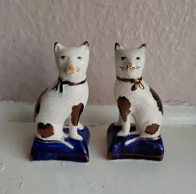 Buy Pair Antique Miniature Lustre Staffordshire Cats On Blue Cushions 10cm • 55£