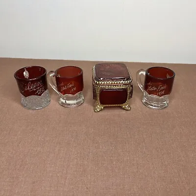 Buy Lot Of 4 Vintage Ruby Red Glassware Etched 1930s • 28.30£