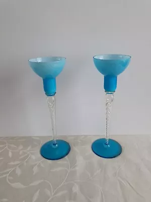 Buy 2 Vintage Glass Blue Candlestick Candle Holder Air Twist Stem In Great Condition • 42.99£