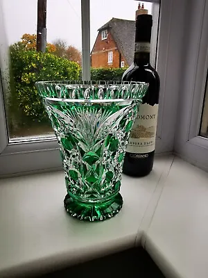 Buy Vintage Bohemian Czech Green Cut To Clear Crystal Art Glass Vase. • 96£