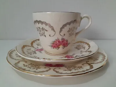 Buy Vintage  Grindley Cream Petal Cup Saucer & Side Plate Trio Set Pink/Gold Floral • 12.95£