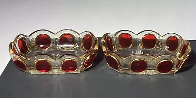 Buy Pair Antique Bohemian Moser Cranberry Cabochon Art Glass Dish Or Trays • 43.16£