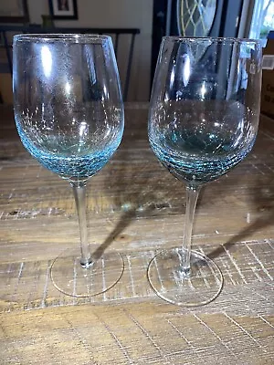 Buy Pier 1 Crackle Stemmed Wine Glasses Turquoise Aqua Blue Set Of 2 Lot 9 Inch • 34.58£