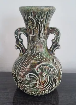 Buy Vintage Pottery Urn Vase Textured Rough  Handles Green Brutalist 6  Decorative  • 28.03£