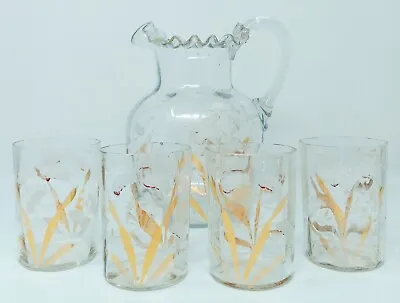 Buy Pitcher & Drinking Set Of 4 Glasses Blown Hand Painted Enamel Etched Antique • 192.76£
