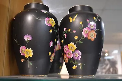Buy Pair Antique Royal Stanley Ware Matt Black Art Nouveau Decorated Vases • 89.99£