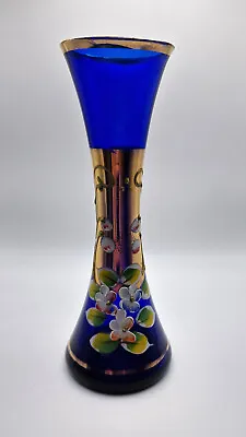 Buy Cobalt Blue Vase With Floral Design And Gold Trim Hourglass Shape • 30£