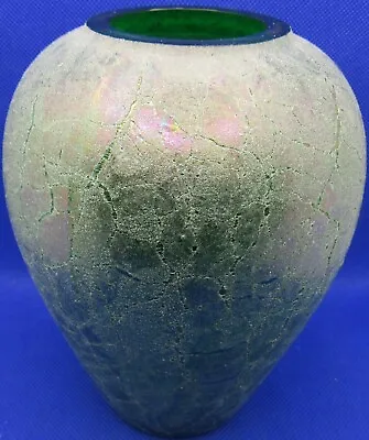 Buy Vintage Silvestri Mouth Blown Green Crackle Textured Iridescent Art Glass Vase • 40.29£