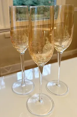 Buy Set Of 3 Pier 1 Amber Golden Luster Crackle Champagne Flutes Goblet Glasses Wine • 40.47£