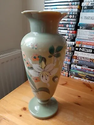 Buy Antique Victorian Hand Painted Green Glass Vase Bees White Flowers 13 Inches • 40£