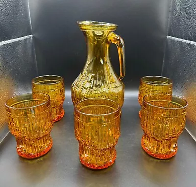 Buy Vintage Amber Glass Art Deco Jug And 5 Glasses • 59.99£