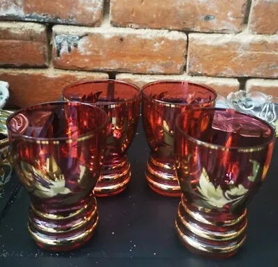 Buy Art Deco Cranberry & Gold Glasses X 4 Gold Floral Decoration Ribbed Base 1930s • 7.99£