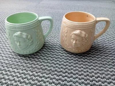 Buy 1953 KSP Coronation Mugs Queen Elizabeth II Keele St Pottery Royal Cream/green • 5£