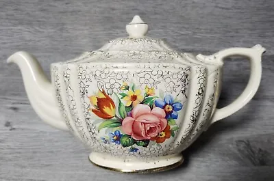 Buy Vintage SADLER Cream And Gold Trim Porcelain Tea Pot Multicolour Flowers Pattern • 15.99£