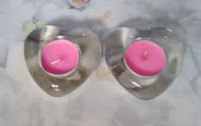Buy New - Made By Salco - Quality Pair Of Solid Glass Heart Shaped Tealight Holders • 1.50£