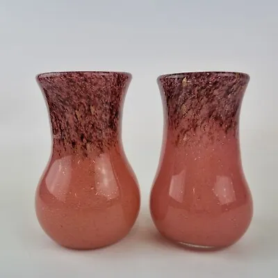 Buy Vintage Pair Of Monart Style Glass Vases Pink & Purples 10.5cm High • 79£