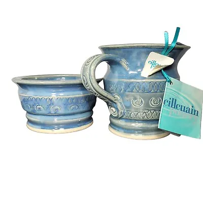 Buy Cillcuain Studio Pottery Blue Cream & Sugar Bowl Handmade Ireland Debossed  Vtg • 47.50£
