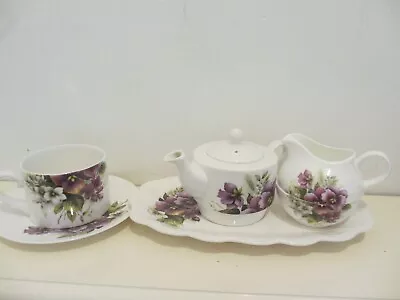 Buy China Tray, Tea Cup, Saucer Tea Pot, Sugar/Milk Jug, Violets Stacking Set Wales  • 26.99£