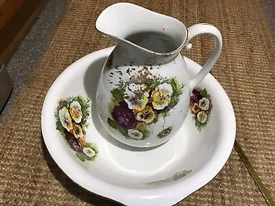 Buy Early 20th Century Large Jug And Bowl 17” Empire & Co Decorated With Pansies • 30£