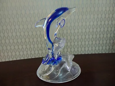 Buy Blue & Clear Art Glass 24% Lead Crystal Dolphin Animal Figurine Ornament Decor • 19.95£