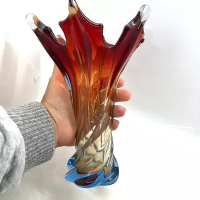 Buy Vintage Murano Art Glass Vase Red And Blue Twisted Design Mid-century Italian • 120£