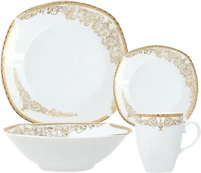 Buy 16-Piece Dinner Set Vintage Gold Crockery Porcelain Square Plate Bowl Mug For 4 • 49.99£
