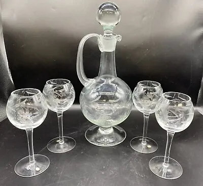 Buy VTG Clear Crystal Decanter & 4 Sherry/Wine Glasses Grape & Flower Etched Design • 47.42£