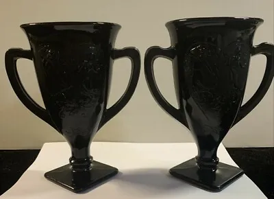 Buy  LE Smith Black Amethyst Glass Trophy Vases W/ HANDLES PAIR Nymphs VINTAGE 1930S • 24.96£