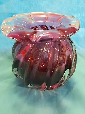 Buy Vintage Czech Bohemian Chribska Ribbed Cranberry  Art Glass Vase . • 15£