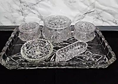 Buy Vintage Glass 6 Piece Vanity Set Tray & Trinket Pots Dressing Table Set • 15£