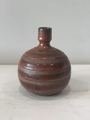 Buy Unmarked Brown Bronze Bud Vase Round Pottery Glaze Rings Design 5x4 • 18.90£