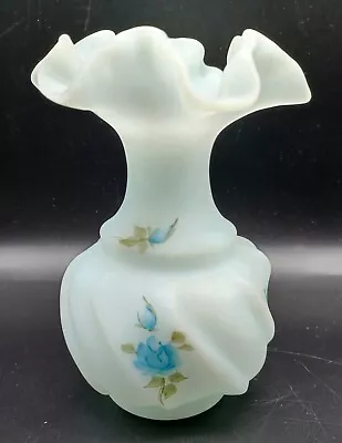 Buy Vintage Fenton Blue Satin Vase Ruffled Hand Painted Blue Flowers Signed 5 1/2  • 34.05£
