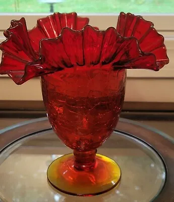 Buy Blenko Glass Red Amberina Footed Vase Ruffled Crackle 8 Tall Vintage • 47.24£