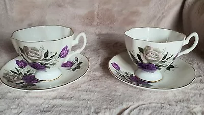 Buy 2 X Vintage English Bone China Cup & Saucer Purple Grey Roses Design Collectable • 9.95£