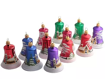 Buy 12 Czech Blown Glass Bell Christmas Tree Ornaments Baubles Hand Painted • 153.45£