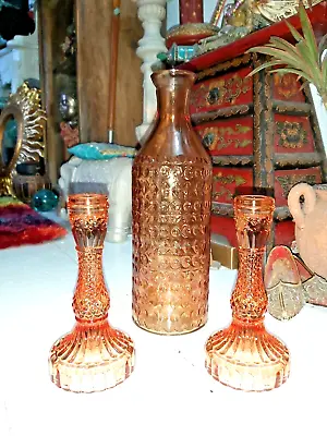 Buy Set Of  Three  Amber Coloured Glass Candle Holders With Matching Bubbled Vase • 25.99£