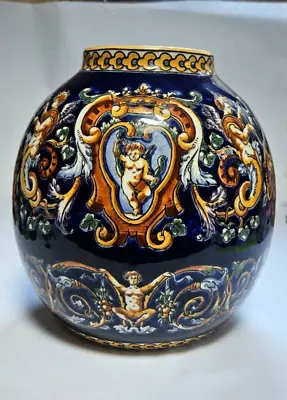 Buy Vintage GIEN Faience Vase Blue Renaissance Pattern 1941-1950 • 153.68£