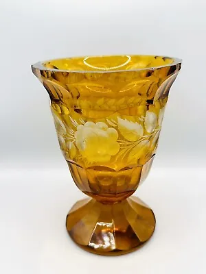 Buy Antique/Vintage Bohemian Amber Cut To Clear 7” Glass Vase • 19.99£