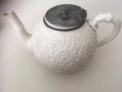Buy Antique Creamware Relief Moulded Teapot - Pewter Lid - Dresden Traso Hanley • 30£