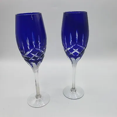 Buy 2 AJKA Bohemian Crystal Cut To Clear Cobalt Blue Champagne Flutes • 53.01£