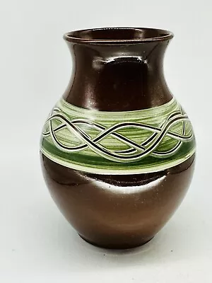 Buy Holkham Pottery Vase Brown With Green Stripe Band 20 Mc High Vgc • 8.40£