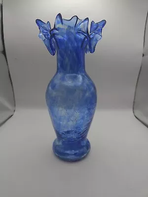 Buy Ruffled Top Blue Swirl Crackle Glass Vase 9 X3.5  • 27£