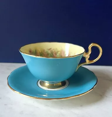 Buy Aynsley Cup & Saucer Turquoise Blue Orchard Fruit England Teacup Bone China • 46.22£