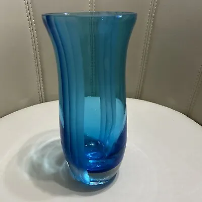 Buy Vintage Large Heavy Groove Cut Blue Crystal Art Glass Vase 24 Cm High! 1.242 Kg! • 84.99£