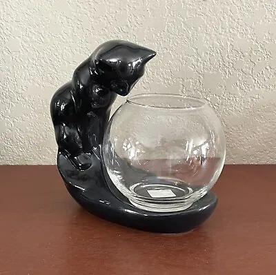 Buy MCM Royal Haeger Black Cat Pottery Sculpture Libbey Glass Fish Bowl Planter • 43.16£