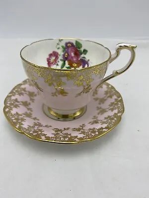 Buy Paragon Fine Bone China Footed Cup Saucer Set H.M. Queen Mary Pink Gilt Floralxx • 71.24£