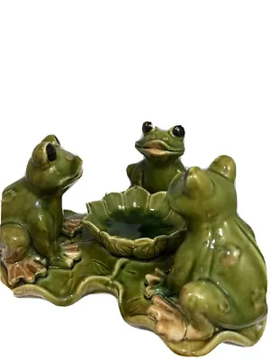 Buy RARE Vntg Ceramic 3 Frogs On Lily Pad Dish Majolica Frog Pottery Bird Feeder • 94.72£